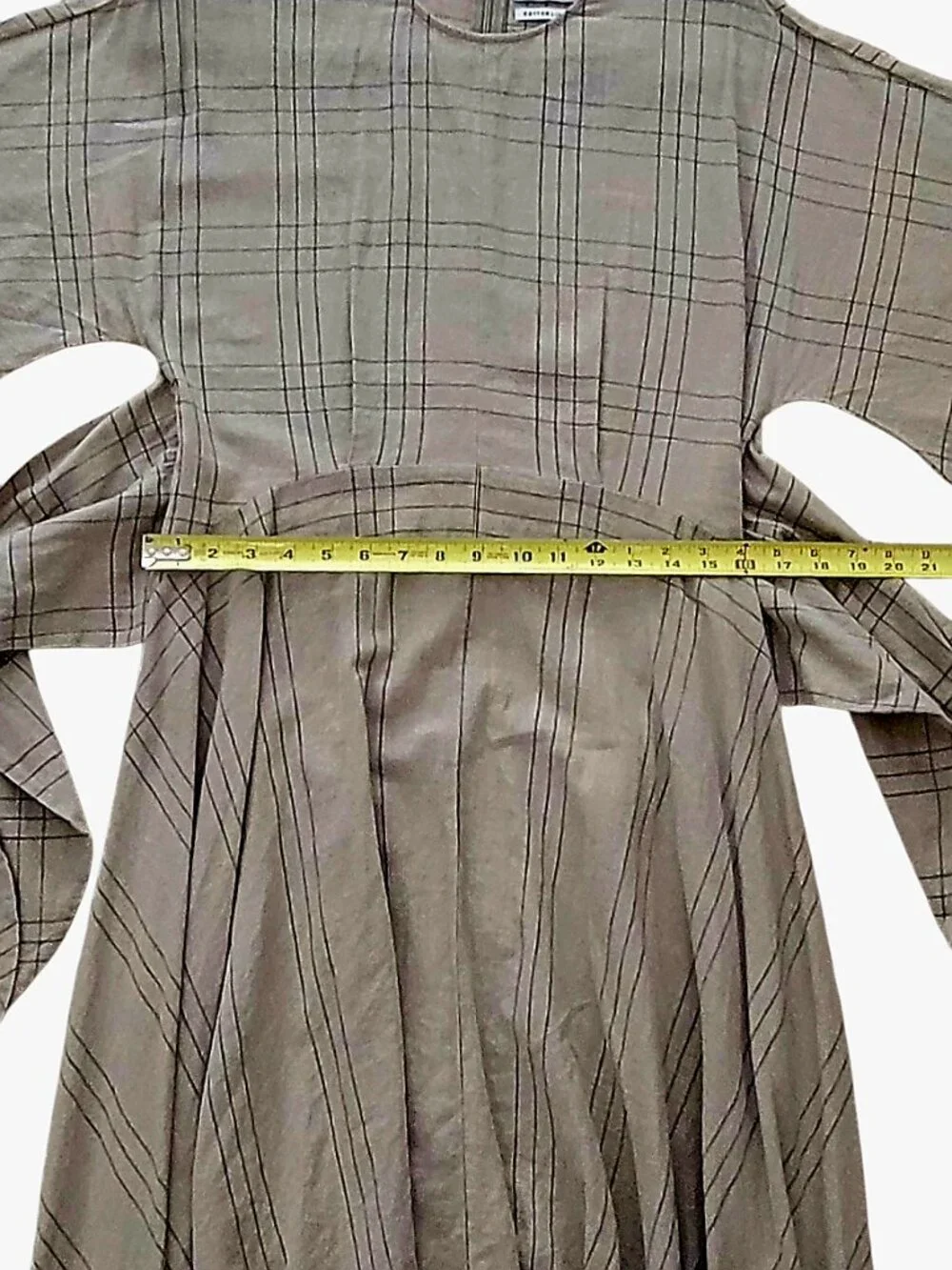Zara Sage Green Linen Cotton Hi Low Hem Tie Dress Boho Lagenlook Plaid Stripe - Picture 8 of 11